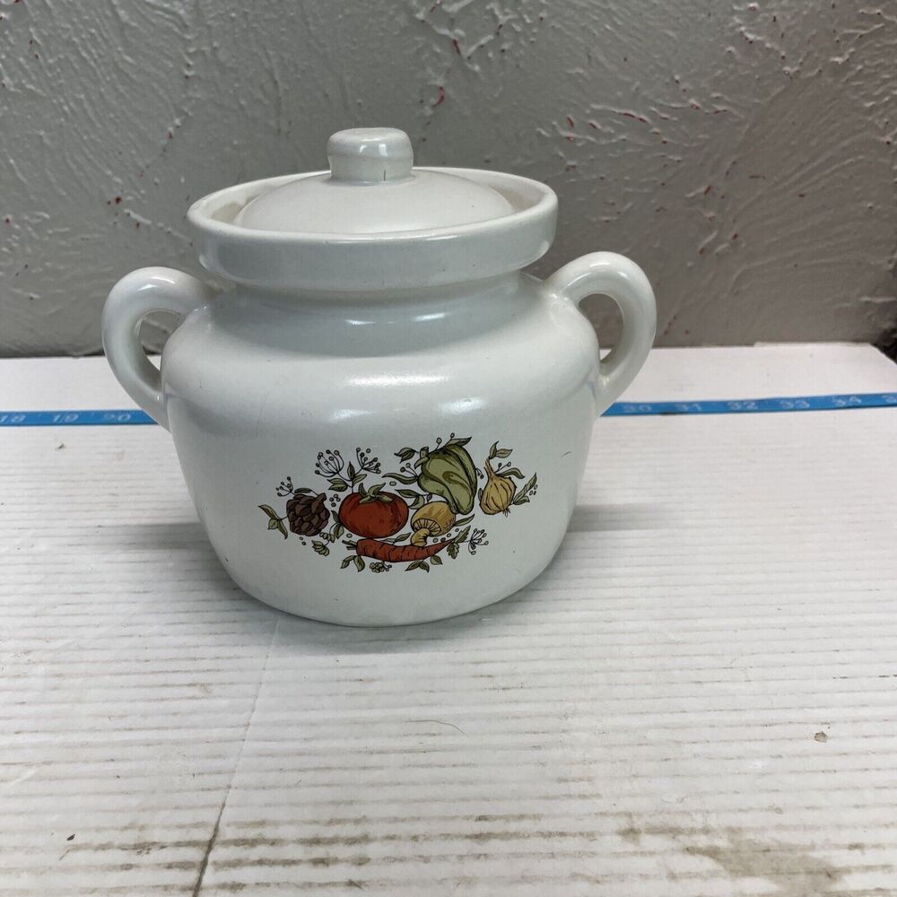 McCoy‎ 341 White W/Vegetables Bean Pot Soup Pottery With Lid 5 1/2”